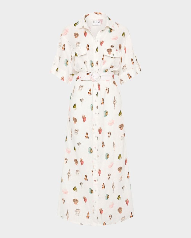 Memento Seashell-Print Linen Maxi Shirtdress